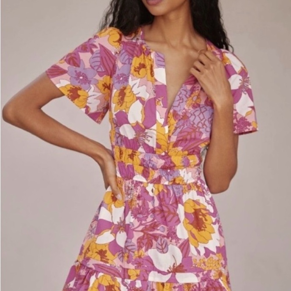 Anthropologie Pink, Yellow & White Floral V-Neck Mini Dress